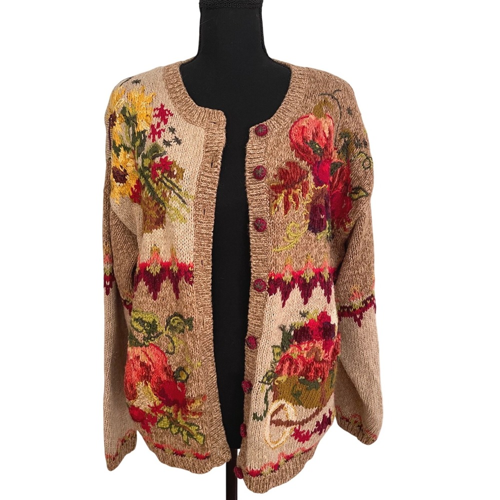 Heirloom Collectibles Cardigan Womens L Brown Ramie Cotton Vintage Floral Patch